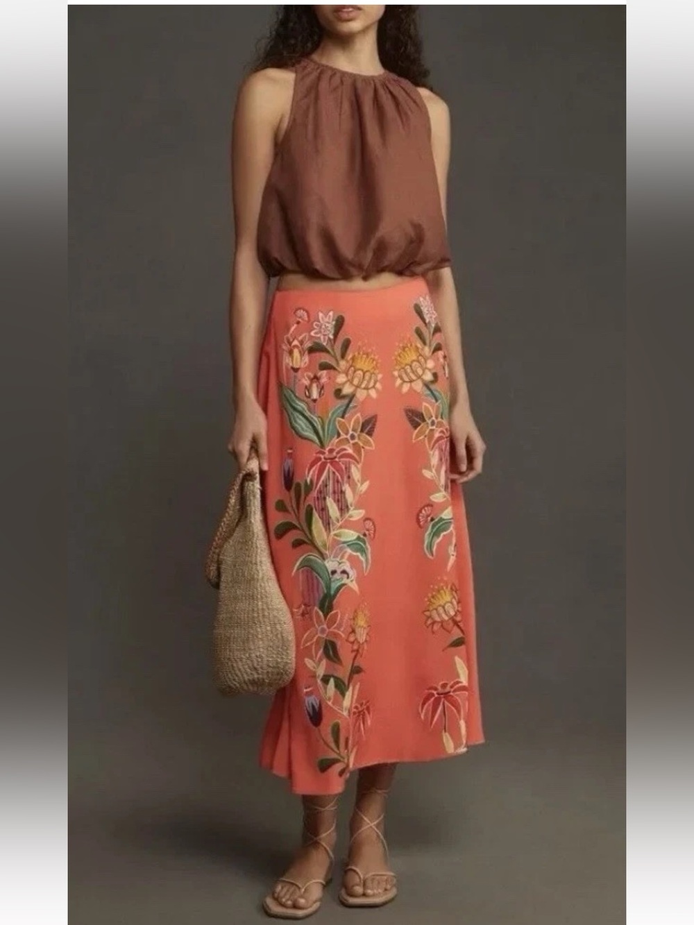 Farm Rio x Anthropologie Satin Slip Midi Floral Multicolor Coral Skirt Size M